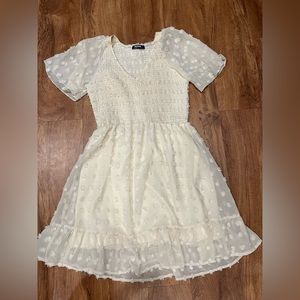 3/$15 BTFBM Beige Textured Sheer Babydoll Pompom Overlay Dress Medium